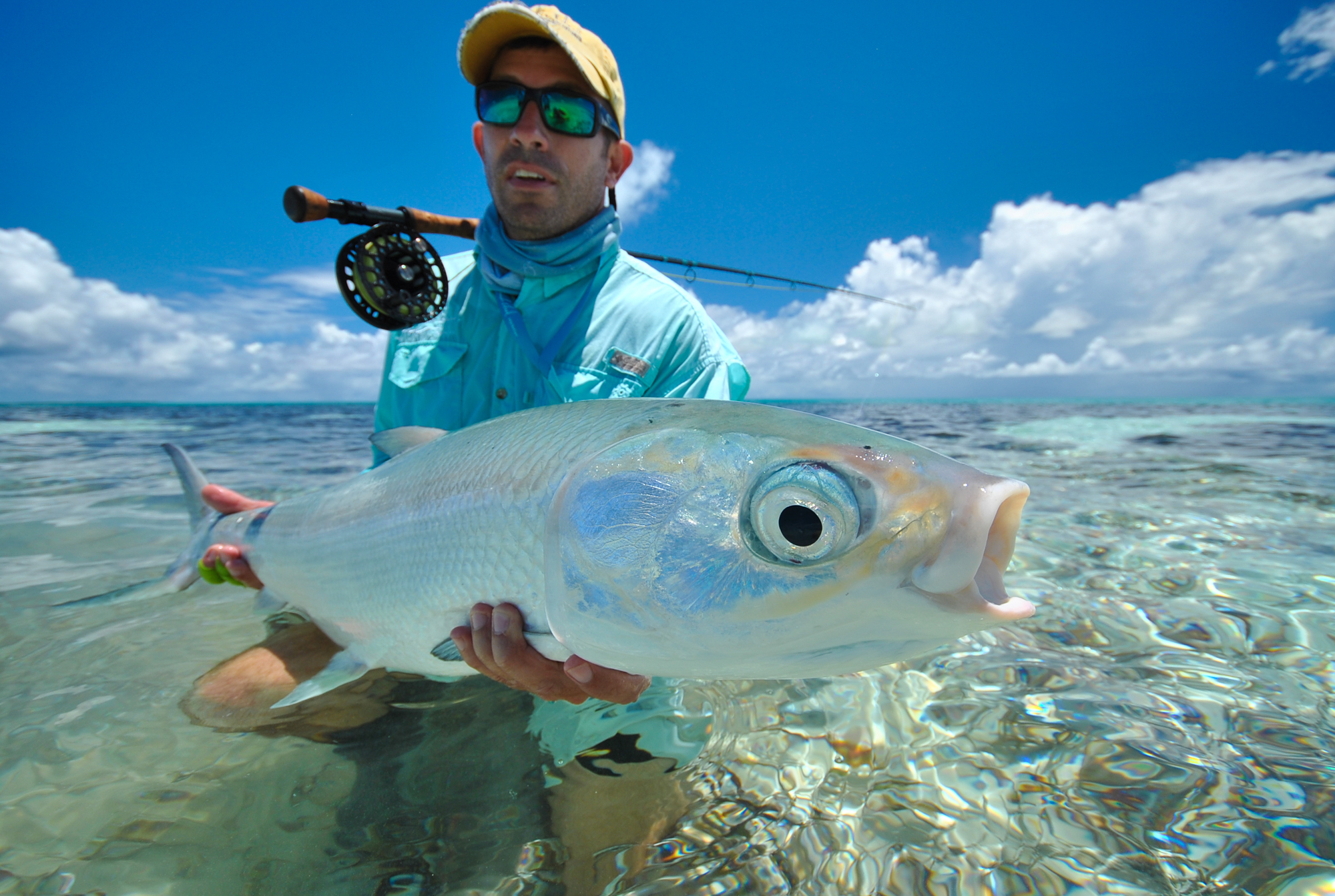 Happy fly fisherman holding the milkfish caught on a fly during his fly fishing trip to Cosmoledo Island.